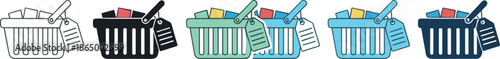 Shopping basket and receipt icon collection vector illustration featuring grocery purchase containers with bills for retail checkout, consumer buying, and e-commerce transaction design