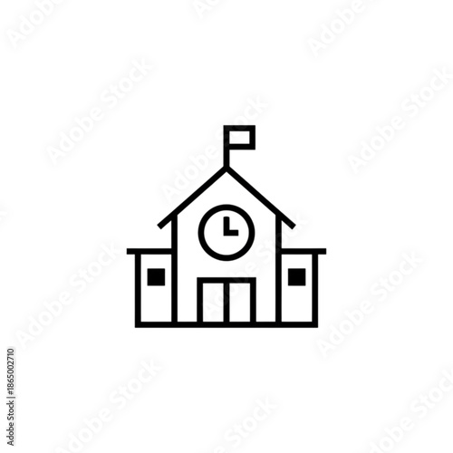 A minimalist vector image of a school building featuring a clock tower and a flag, representing a primary or secondary educational institution