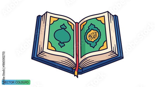 Vector illustration of an open book with green and gold pages against a white background.