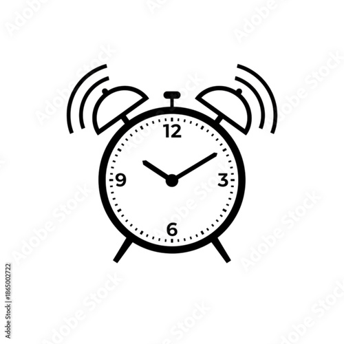 A clean and minimalist vector image of a classic ringing alarm clock with twin bells, symbolizing time management, punctuality, and a morning wake-up call