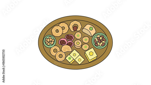 Flat lay illustration of assorted donuts and pastries on a wooden platter against a white background with warm tones.