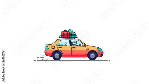 A colorful cartoon car packed with gifts on the roof driving on a road with a white background.