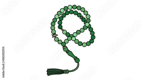 A green tasbih prayer bead necklace with tassel on a white background.