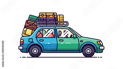 Colorful illustration of a car packed with luggage on a roof rack, side view, against a white background with a playful mood.