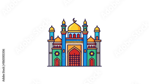 Colorful illustration of a mosque with blue and green walls, yellow domes, and red accents against a white background.