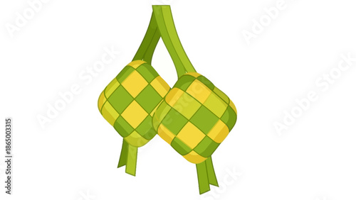 Close-up of a traditional ketupat or rice dumpling, woven from green and yellow leaves, against a plain white background.