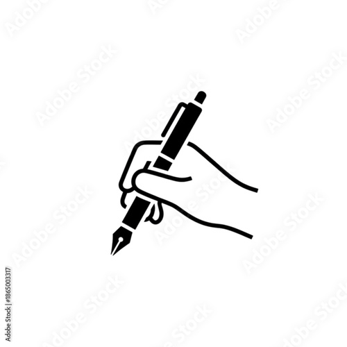 A minimalist black and white vector image of a hand holding a fountain pen, symbolizing the act of writing, signing, or creative expression