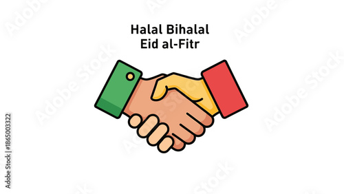 Illustration of two hands shaking, one with green cuff and the other with red cuff, on a white background with 'Halal Bihalal Eid al-Fitr' text above.