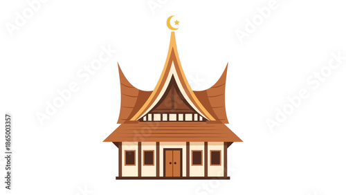 Illustration of a traditional Southeast Asian mosque with a distinctive roof and crescent moon finial against a clean white background.