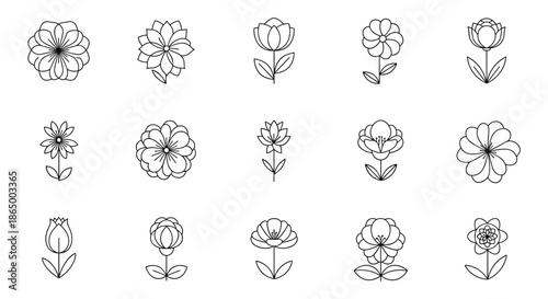 Set of fifteen minimalist flower icons in a clean black and white line art style, perfect for botanical and floral designs.