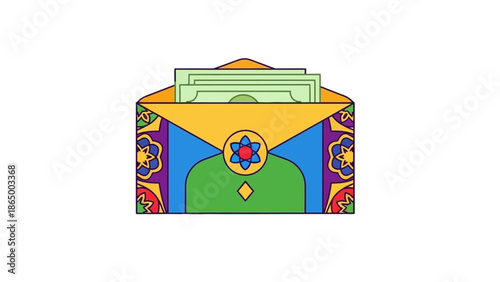 Colorful illustration of a decorated envelope with cash sticking out on a white background.