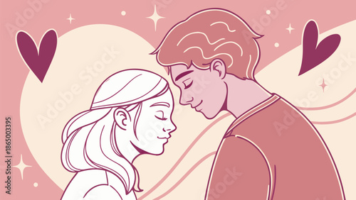 Loving couple sharing tender moment with hearts around