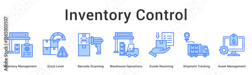 Inventory control banner web icon manages stock levels through barcode scanning in warehouse operations efficiently.