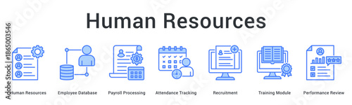 Human resources banner web icon manages employee database payroll attendance recruitment training and performance reviews.