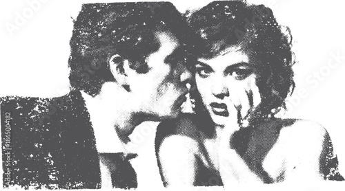 Couple sharing an intimate kiss in a vintage style. Black and white vector illustration emphasizing romance and elegance.