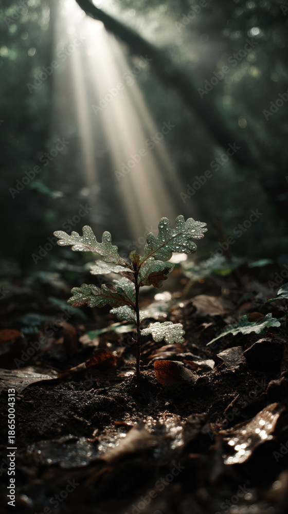 Obraz premium Small plant in the middle of a forest, surrounded by dried leaves on the ground and trees in the background. Professional commercial content. Commercial. High-resolution. High-res. Premium quality.
