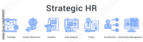 Strategic HR banner web icon integrating analysis and policy coordination with information management for workforce planning.