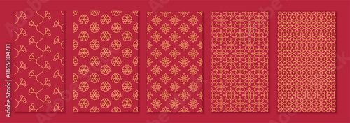 A collection of five seamless vector patterns featuring simple geometric floral motifs inspired by Arabic and Jewish ornamental styles. The designs incorporate symmetrical lines, stylized petals, and 