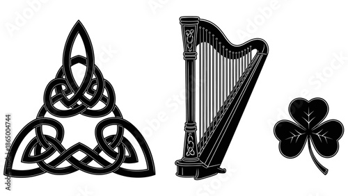 Irish cultural symbols: Celtic knot, harp, and shamrock designs in black and white.