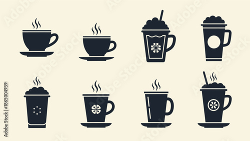 Collection of various hot coffee and tea cups, mugs, and takeaway containers in flat silhouette style.