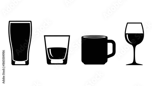 Collection of various drinkware icons including beer glass, whiskey tumbler, coffee mug, and wine glass silhouettes.