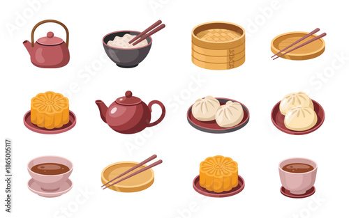 Tea ceremony and dim sum icons, clay teapot, mooncake pastry, steamer basket, bowl and spoon, cultural food festival vector