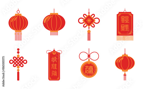 Spring festival hanging lanterns and couplet banners set, red knots, lucky tags, festival decor icons, lunar new year vector