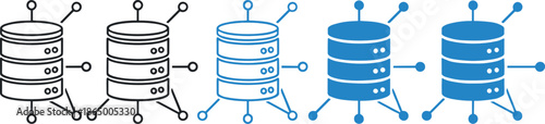 Database network connection icon set vector illustration showing data servers with linked nodes for cloud computing, data exchange, IT infrastructure, and digital system architecture design