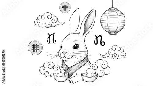 Cute rabbit in zodiac sign surrounded by clouds and lantern, Generative AI.