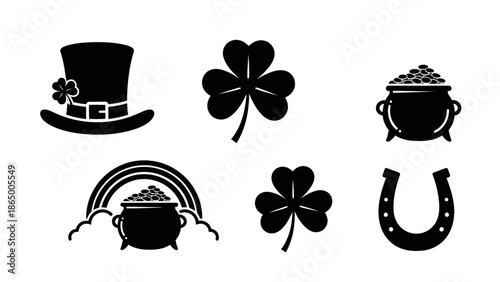 Set of black silhouettes of St. Patrick's Day symbols including hat, shamrock, pot of gold, rainbow, and horseshoe.