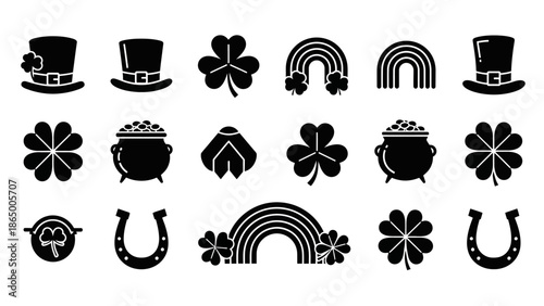 Set of black and white icons for St. Patrick's Day celebration, including shamrocks, hats, and rainbows.