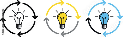Creative idea cycle and innovation process icon set vector illustration showing light bulb concepts with circular arrows for brainstorming, problem solving, and continuous improvement design