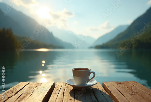 Morning serenity by the lake with a warm cup of coffee and breathtaking mountain views