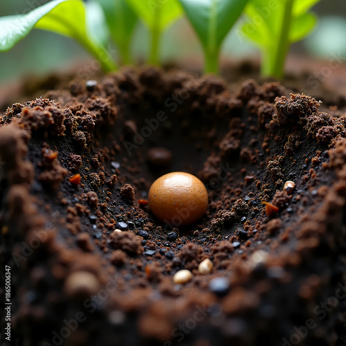 Seeds resting in soft earth, ready to sprout new life in a vibrant garden setting with rich soil and fresh growth