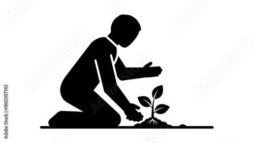 Stylized illustration of a person kneeling and planting a small seedling in the ground, symbolizing growth and environmental care.