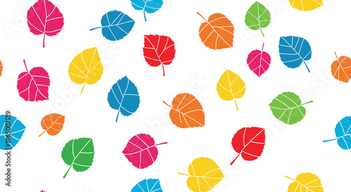 Seamless background pattern of colorful, crayon-textured leaves scattered randomly, perfect for autumn or spring designs and kids' projects.