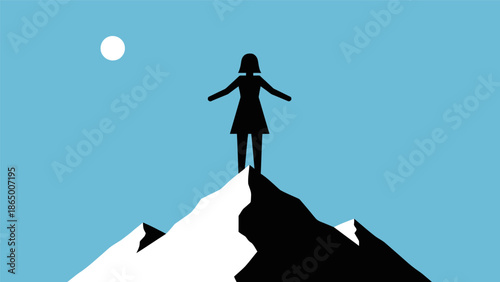 Woman standing on a mountain peak with arms outstretched, symbolizing achievement and success.