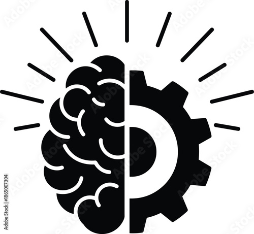 Brain and cogwheel symbolizing integrated artificial intelligence that represents collaboration of human intellect with machine learning