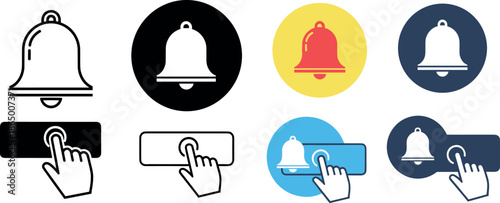Notification bell and alert button icon set vector illustration featuring click hand interaction symbols in multiple styles for app interface, user experience, and system notification design