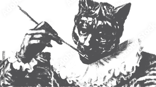 Vintage illustration of a cat character in a clown outfit. This whimsical vector art features a playful expression and a unique artistic style.