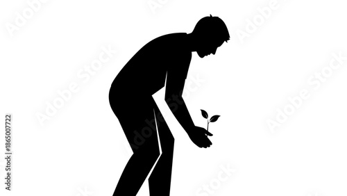 Silhouette of a man planting a small seedling, symbolizing growth, new beginnings, and environmental care.