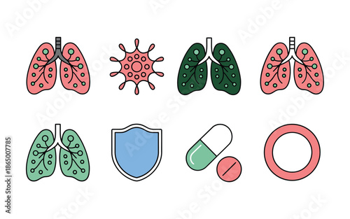 Respiratory health icons set, lungs with virus shield and pills, world lung day campaign, clinic poster, medical awareness workshop