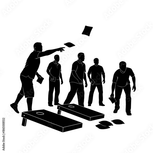 Cornhole Tournament Silhouette - Players Engaged in Bean Bag Toss Game.