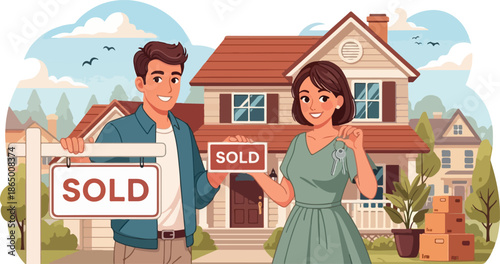 Happy Couple Holding Keys in Front of New House with Moving Boxes