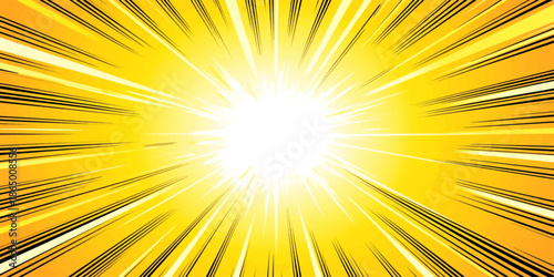 An abstract vector illustration of a bright yellow and orange sunburst background with glowing rays and a summer sunrise explosion design