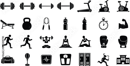 Fitness with Gym Equipment and People Exercising on White Background dumbbell treadmill
