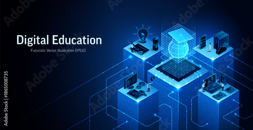 Education technology 3D isometric vector illustration. Digital school, students and online learning system concept. E-learning abstract background. University, AI, business presentation growth banner