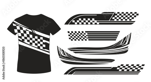 Graphic design set of dynamic racing stripes and checkered flag decals for vehicles, apparel, and t-shirts on white background.