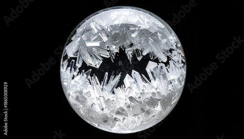 Crystal shards are enclosed inside a glass ball, with high contrast against a dark background