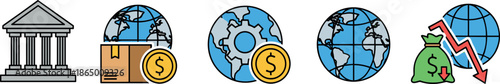Global finance and economy icon set vector illustration featuring bank building world money currency exchange profit and loss symbols for international business and financial analysis design